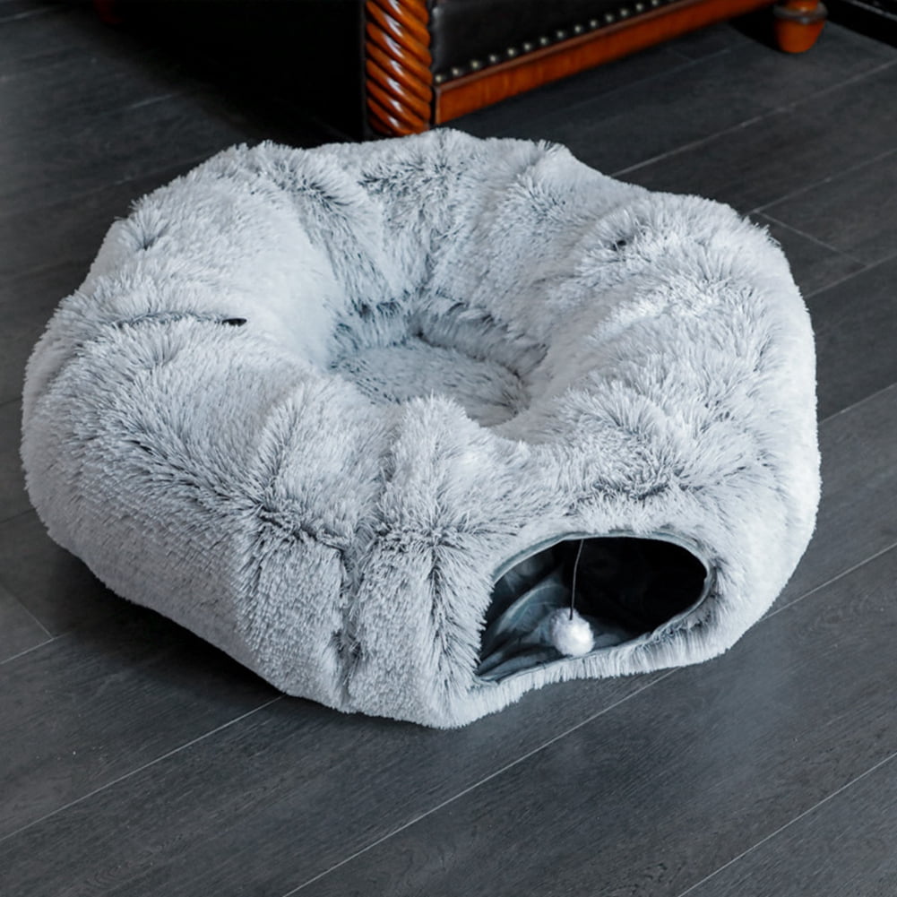Warm Fluffy Plush Cat Dog Tunnel Bed with Washable Cushion-Big Tube Playground Toys Longer Crinkle Collapsible 3 Way, for Indoor Cat Kitten Puppy Rabbit Grey