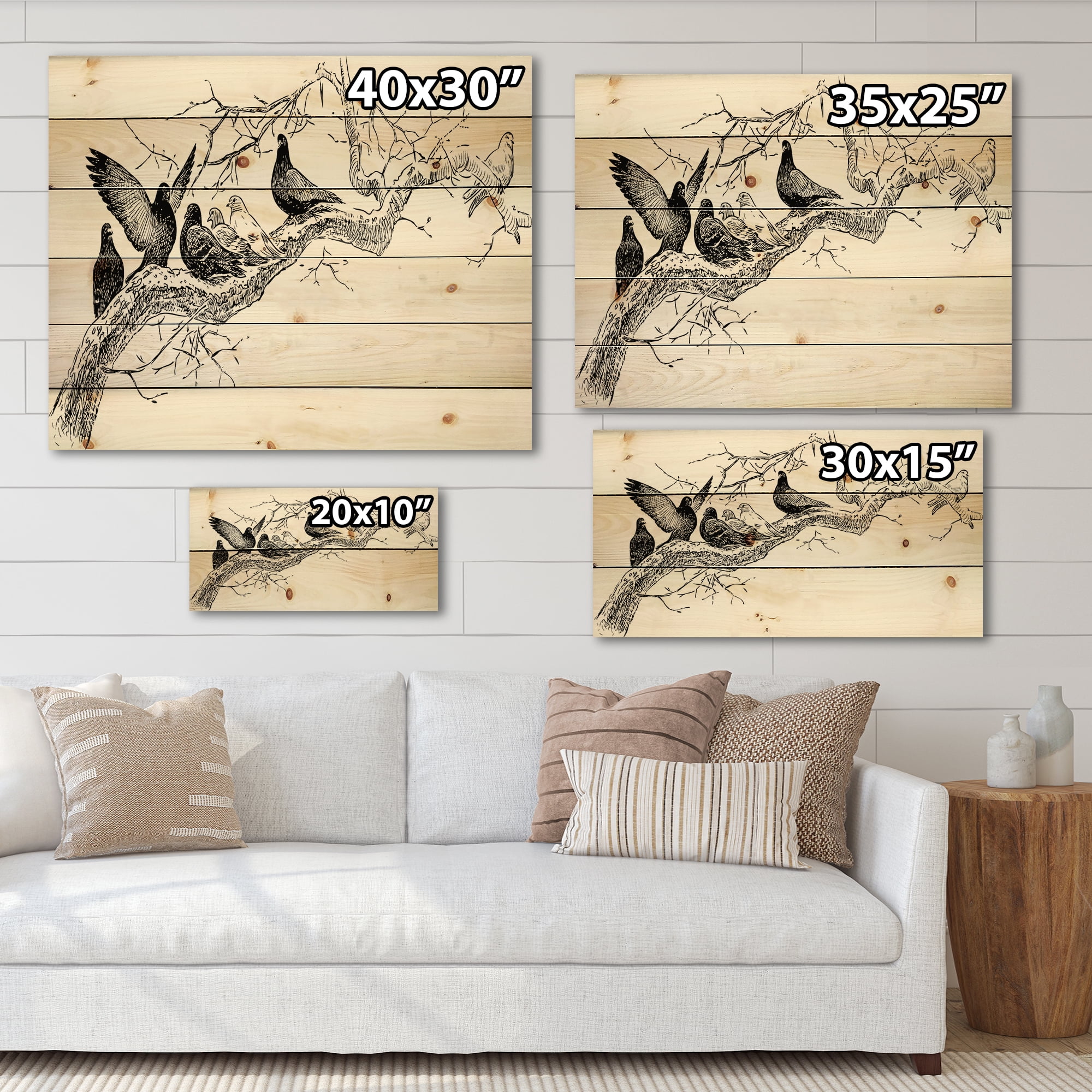 Designart 'Pigeons Sitting On The Tree Branch' Traditional Print on Natural Pine Wood