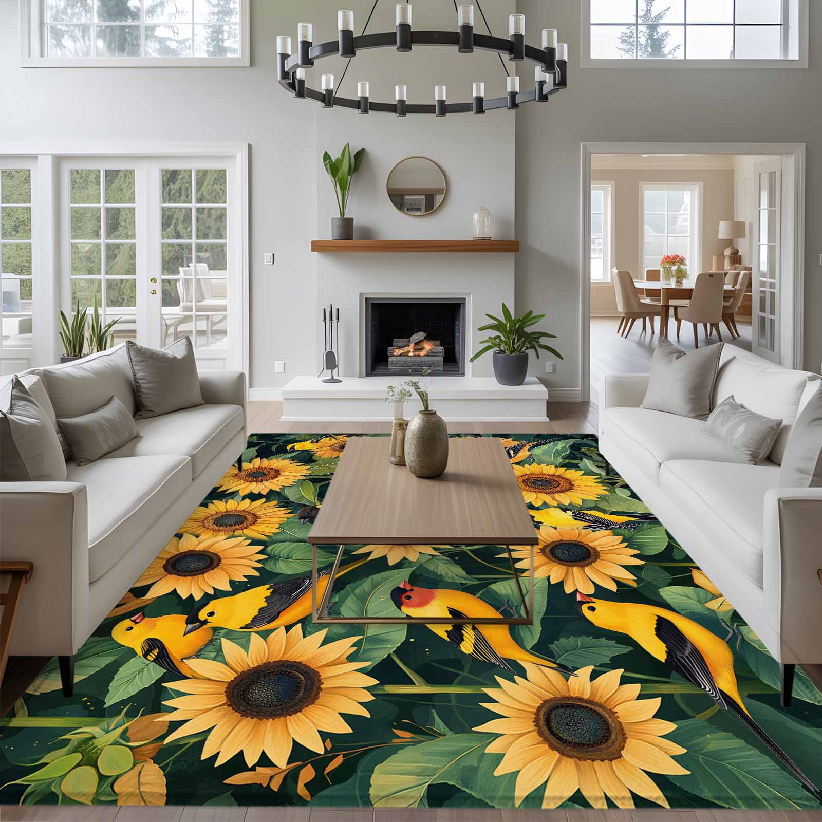 5'x8' Area Rugs, Yellow Sunflower Birds Indoor Outdoor Area Rug for Living Room Bedroom, Spring Leaves Retro Country Washable Bathroom Rugs Kitchen Floor Carpet Mats Home Decor Aesthetic