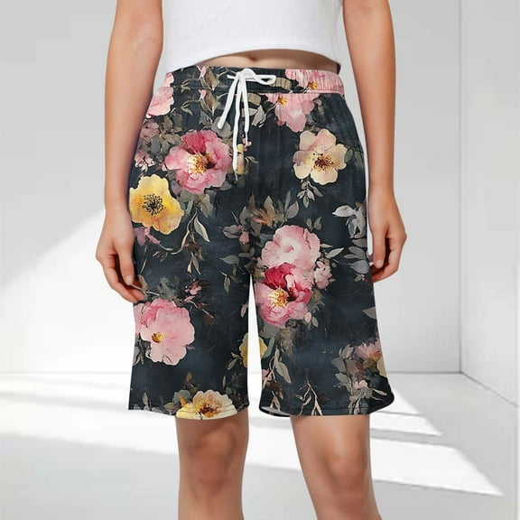 Mqqzkk Women's Fashion Shorts Flower Printed Casual Home Shorts With Elastic Waistband Drawstring And Side Pockets For Casual Wear