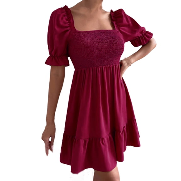 Casual Dresses for Women Ruffle Puff Short Sleeve Solid Color Swing Dress Smocked Sqaure Neck Sweet and Cute Mini Dress
