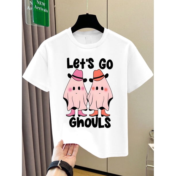 Boys' Halloween T-Shirt - Cute Ghosts & "Let's Go Ghouls" Print - White Tee - Lightweight Polyester Shirt for Kids Party outfit or everyday Summer Top - easy-Care Boys Clothing, Casual