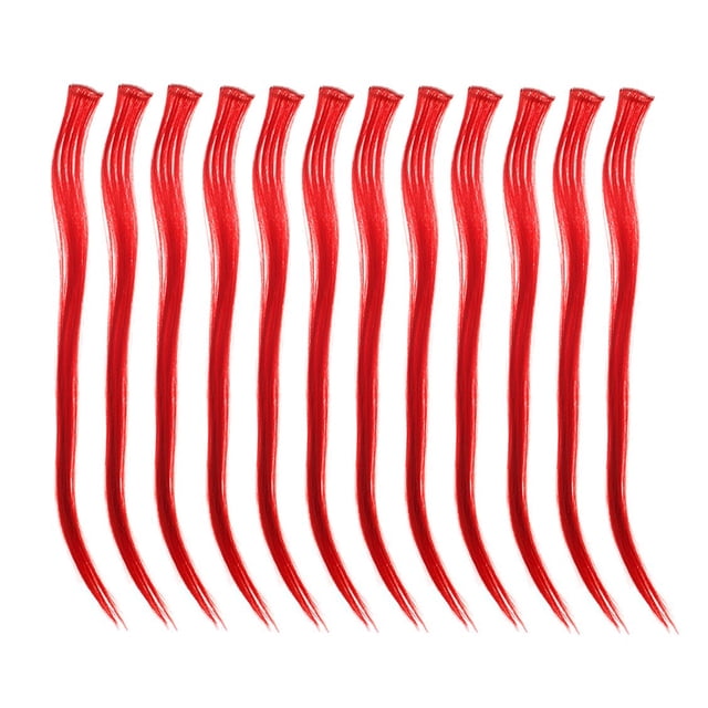SWACC 12 piezas rectas de un color para fiestas, extensiones de cabello con clip, postizos sintéticos con rayas de pelo de colores (rojo)