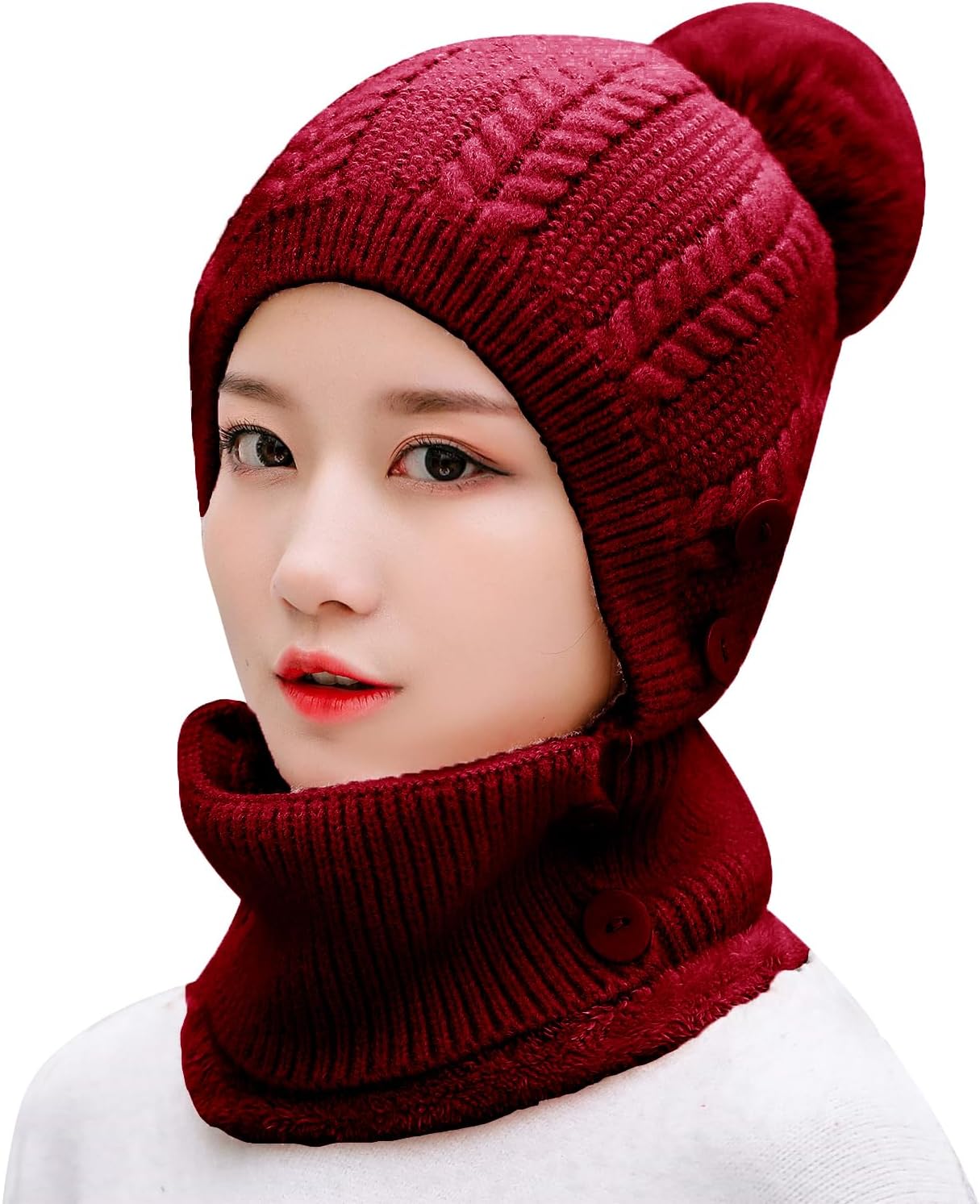 Zhengup Women Winter Beanie Hats One Piece Fleece Lined Knit Balaclavas Mask Set Skull Neck Circle Scarf Ski Snow Hat Pompom