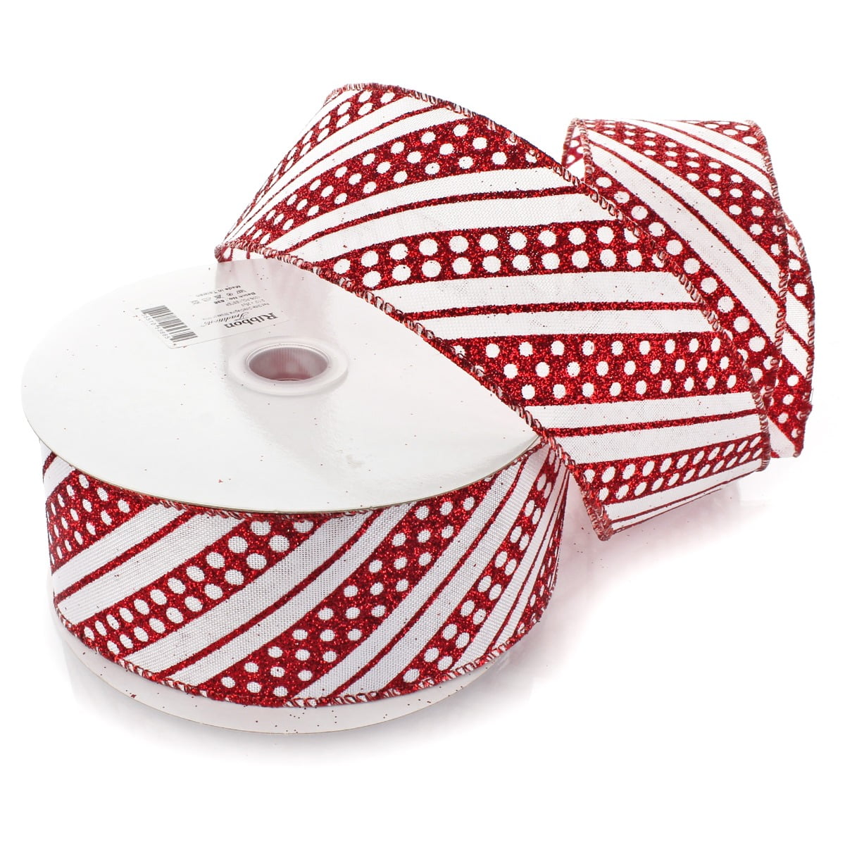 Ribbon Traditions Red Glitter Dots / Diagonal Stripes Wired Ribbon 2 1/2" by 25 Yards