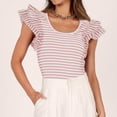 thumbnail image 4 of iHengLiXing Clearance Plus Size Spring Tops for Womens Dressy Casual Fashion Women's Ruffled Stripe Casual Self Cultivation Short Sleeved Round Neck Top Pink M, 4 of 9