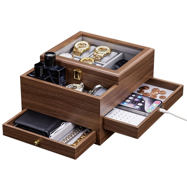 Caja De Reloj Homde Para Hombre, Organizador De Joyas Con Caja De Reloj De Cristal Real Para Anillo, Pulsera, Reloj, Collar, Pendientes Y Accesorios