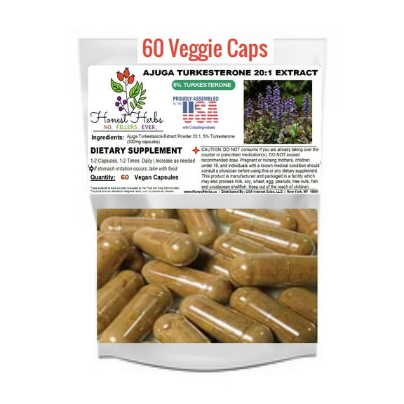 Turkesterone 5% - Ajuga Turkestanica Extract 20:1 - 500mg - Honest Herbs 60 Veggie Caps
