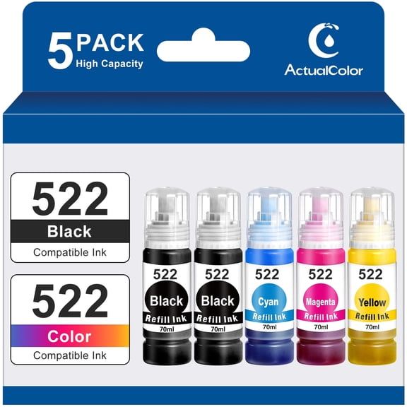 522 Ink Refill Bottle Compatible for Epson 522 Ink Bottles for EcoTank ET-2803 2720 4700 2800 4800 Printer, 5 Pack