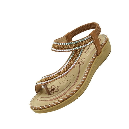 

Penkiiy Summer 2021 Bohemian Wind Rhinestone Large Size Comfortable Ladies Flat Sandals