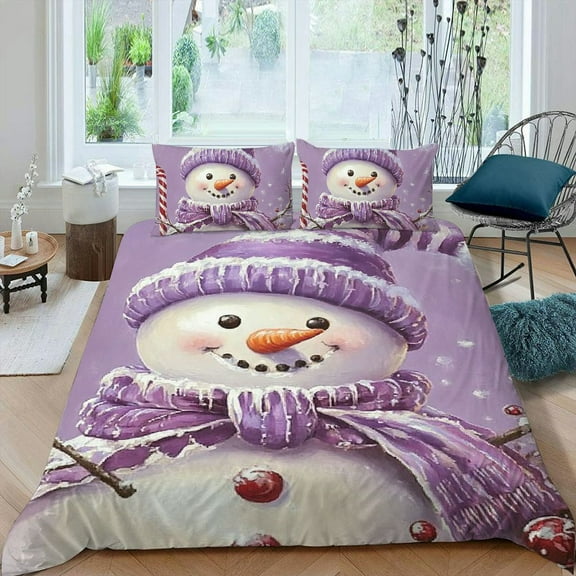 PRATYUS Snowman Candy Cane Purple 3-Piece Bedding Set for Modern Bedroom Decor, Soft Comfort, Zipper Closure, Single Sided Printing, Christmas Theme, Peach Skin Velvet, Room Décor 87x68in