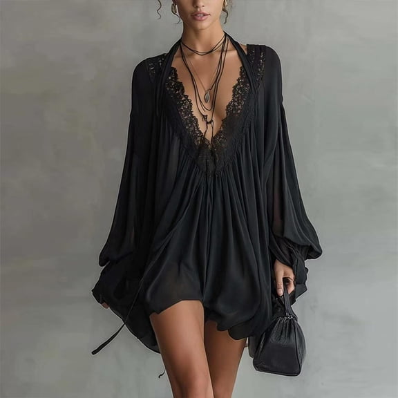 Morttic Women's Sexy Elegant Lace Trim Halter V-Neck Mini Flowy Dress – Long Sleeve Backless for Vacation & Dinner Party Black,XS