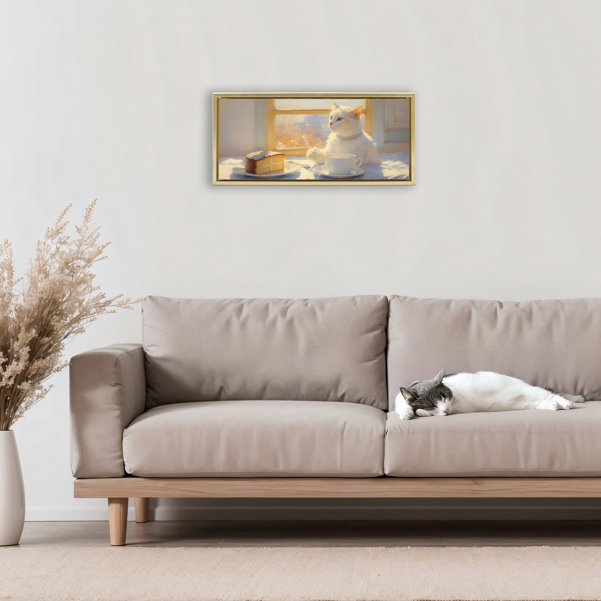 Stupell Industries Sunlit Tea Party Cat Gold Framed Floater Canvas Wall Art, design by Angie Hawke