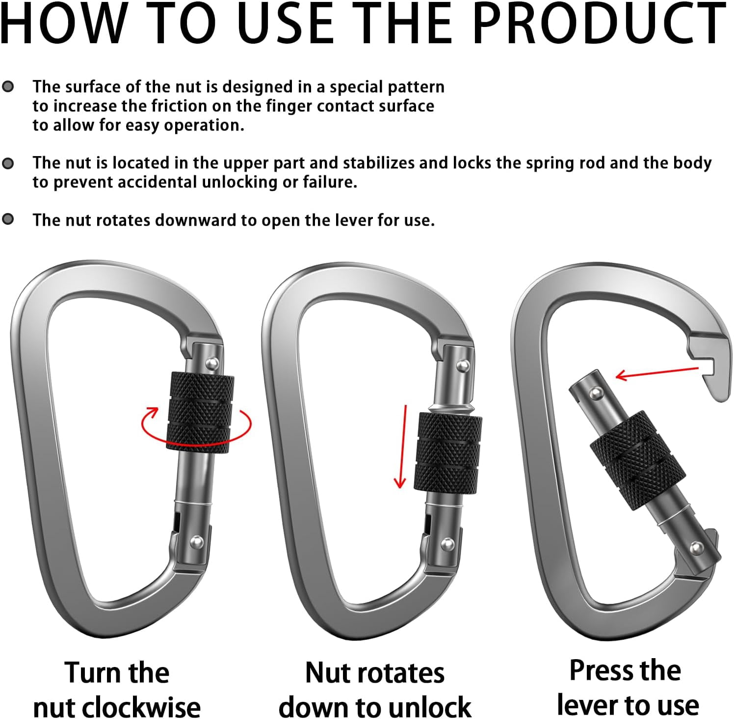 XIECHANEE D-Ring 4" Locking Carabiner Clips, Set of 4, Gray