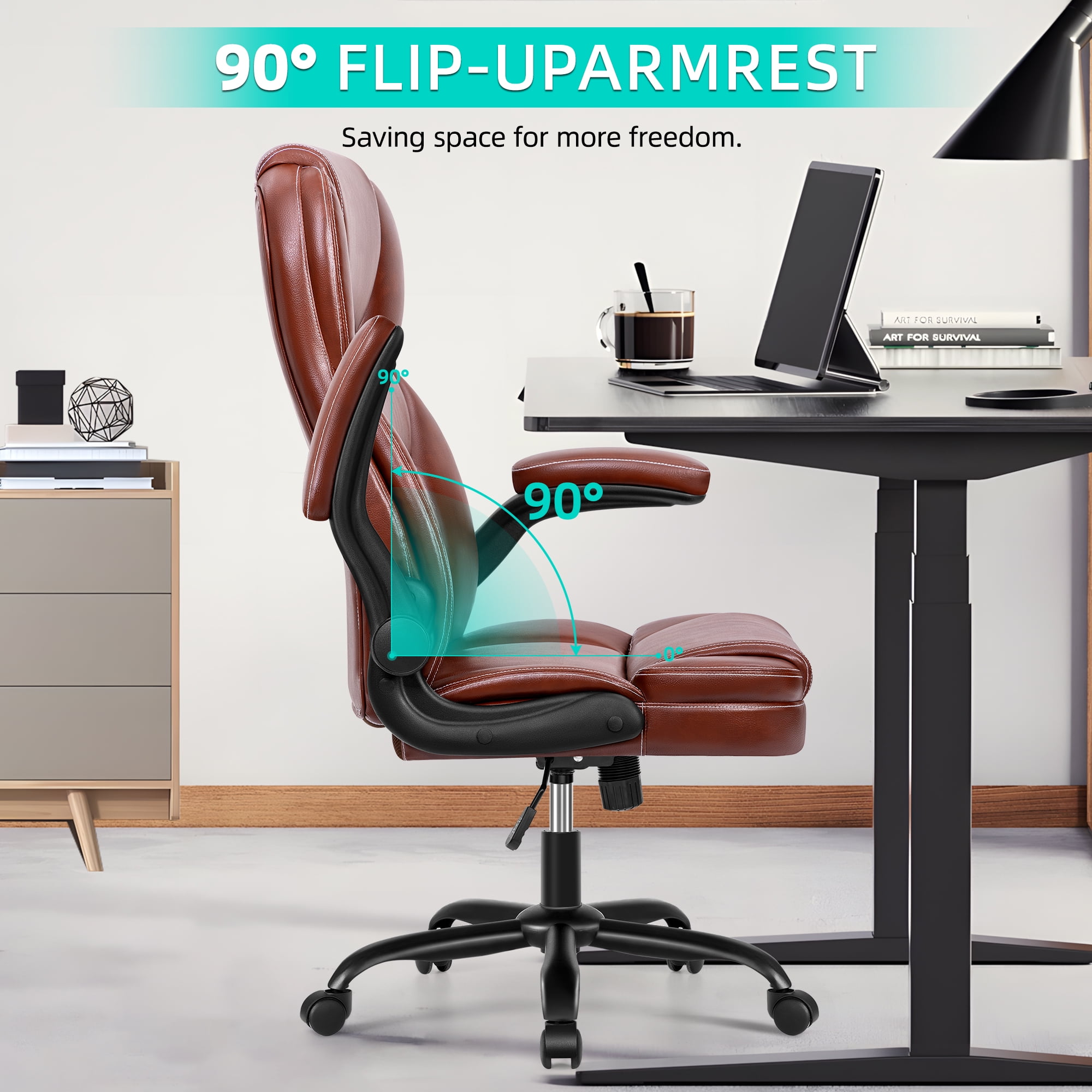 COOLHUT Bige and Tall Executive Office Chair 400lbs, Ergonomic PU Leather Computer Desk Chair with Flip-Up Armrests, Comfy Heavy Duty Office Chair for Home Office Gaming, Vintage Brown