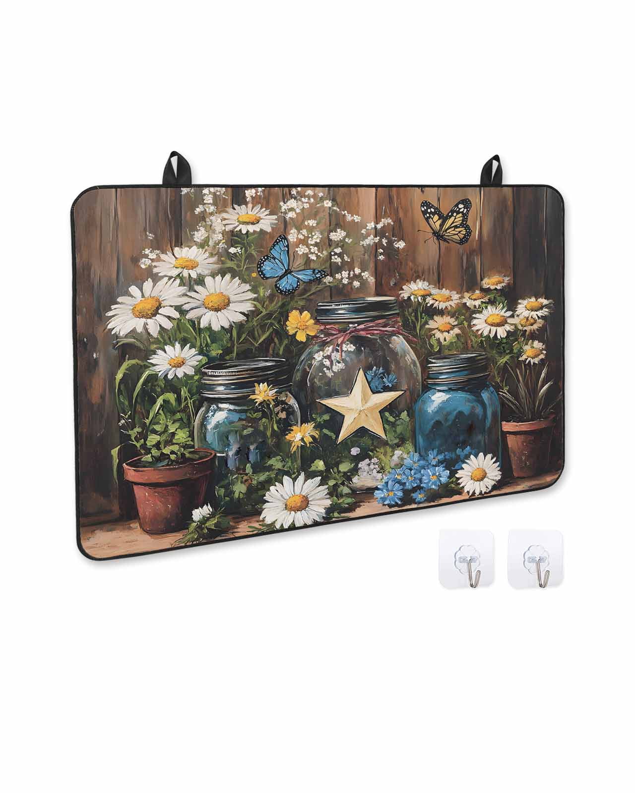 nqOlkjepod Large Induction Cooktop Protector Mat 36"x21", Vintage Flower Stove Top Covers for Electric Stove, Country Barn Star Daisies Butterfly Wood Stove Burner Cover Mats, Glass Top Stove Cover