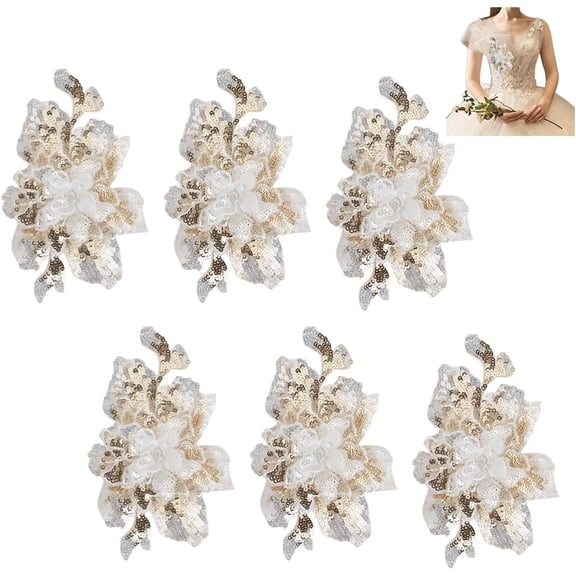 6Pcs 3D Flower Mesh Embroidered Sequin Lace Applique Colorful Floral Sew on Patches Embroidery Trim for Wedding Bridal Dress Party Gown Bodice Craft DIY Costumes Neckline Collar Decoration Golden