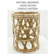 Rattan Woven Tea Light Candle Holder, Decorative Vintage Rustic Wicker Votive Glass Candle Lantern, 4.75" Natural Seagrass Hand Woven Pillar Candle Holder Hurricane Tealight Candle Holder