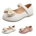 thumbnail image 4 of GiLiling Girls' Mary Jane Flats, Pearl Bow Toe Hook-and-Loop Strap, TPR Non-Slip Sole PU Leather Flats School Parties Weddings Footwear (White, 4.5-5 Years), 4 of 6