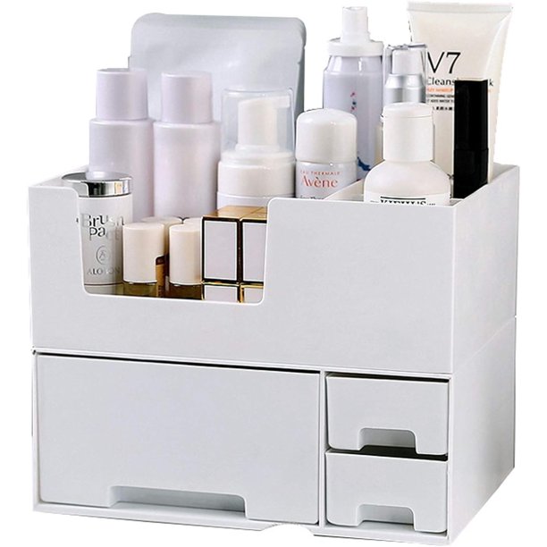 Organizador de maquillaje de escritorio moderno y accesible, espaciosos compartimentos, soporte para cosméticos, belleza, cabello, uñas, perfumes y cuidado de la piel, perfecto para el baño y el
