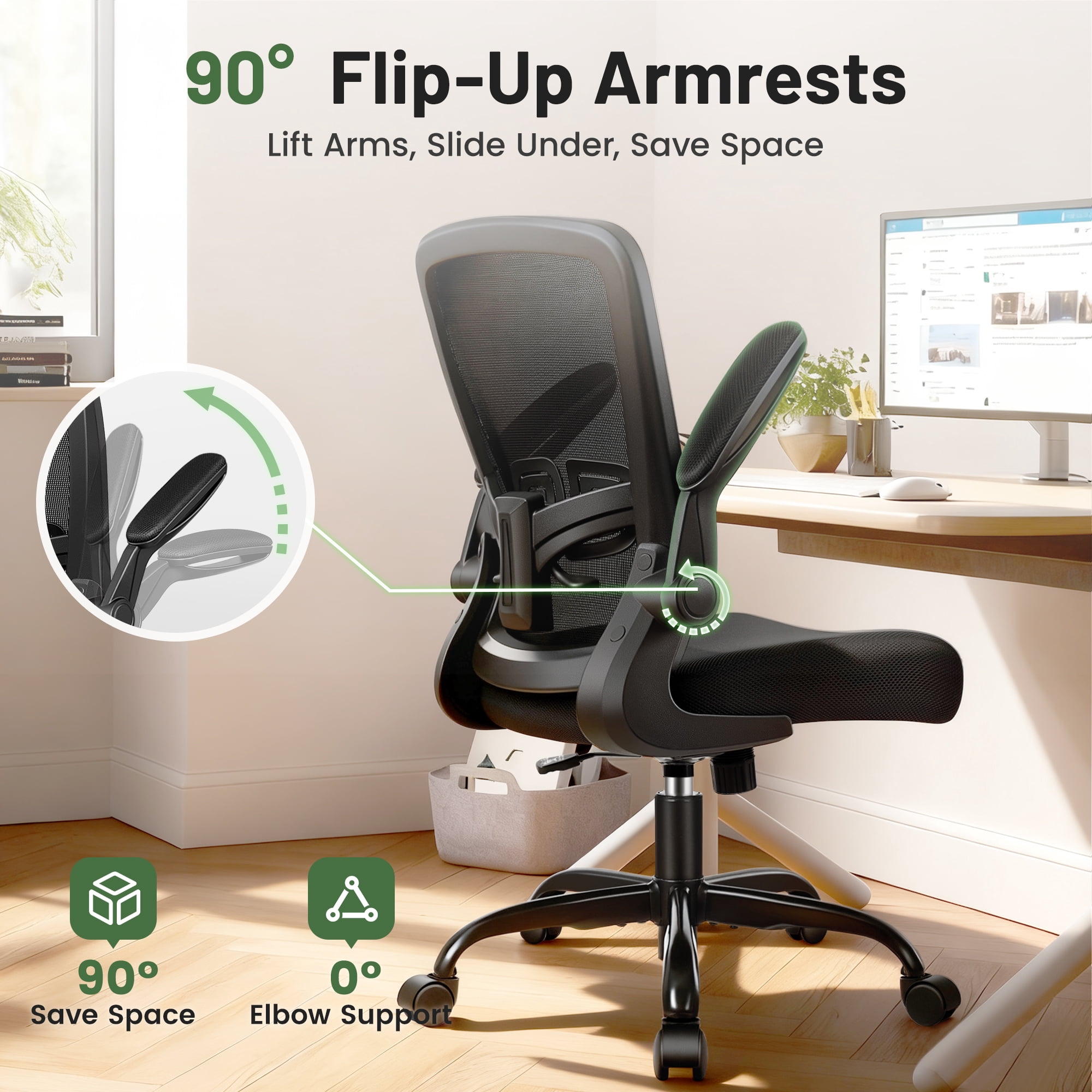ATHOPE Office Chair, Ergonomic Desk Chair Breathable Mesh Home Office Chairs Adjustable High Back Lumbar Support Flip-up Armrests, Executive Rolling Swivel Comfy Computer Chairs Black