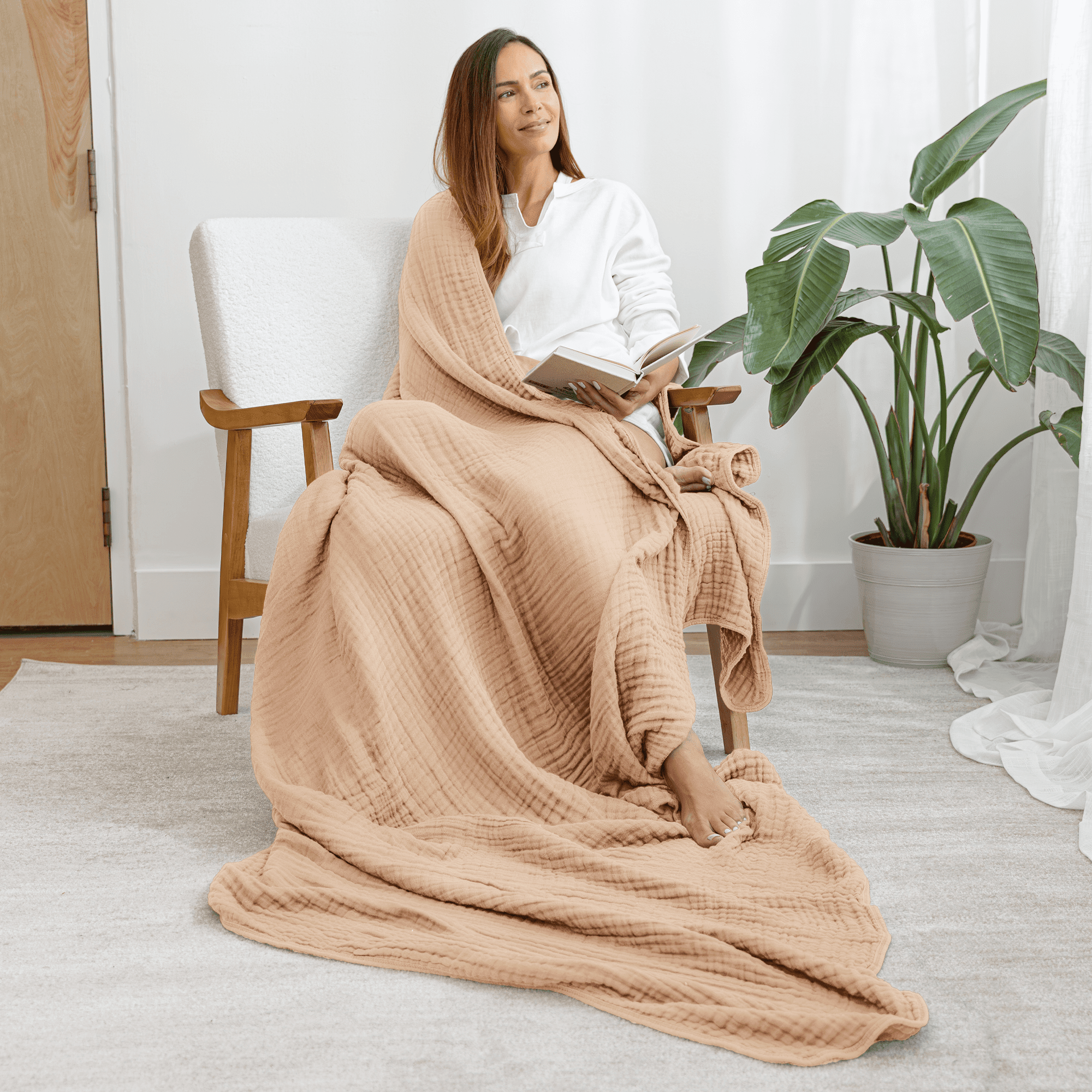 Comfy Cubs Muslin Blanket, Large Size 50” x 60”, 6 Layer Cotton Softness (Cream, Throw)