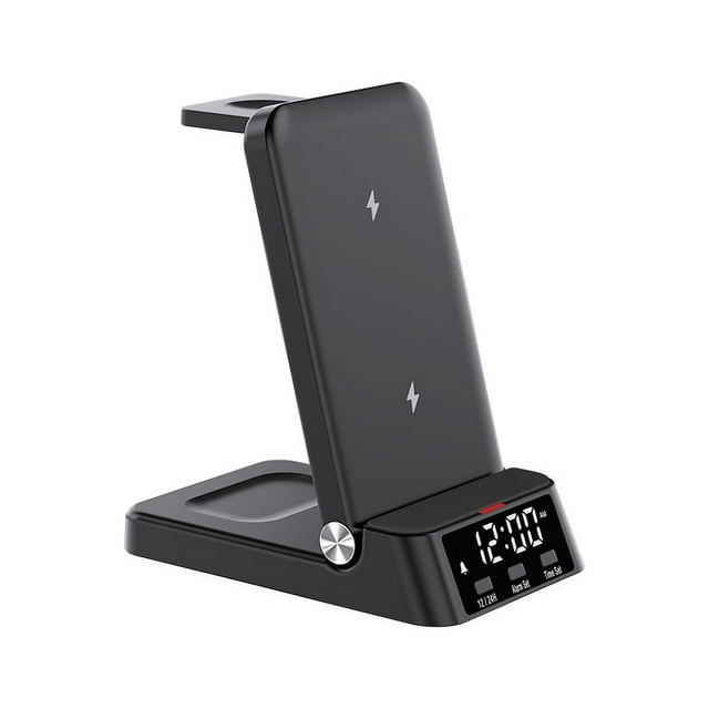 Graflsoa 15W Foldable 4-in-1 Wireless Charging Station with Clock for iPhone & Samsung, Portable Multi-Device Charger, Black