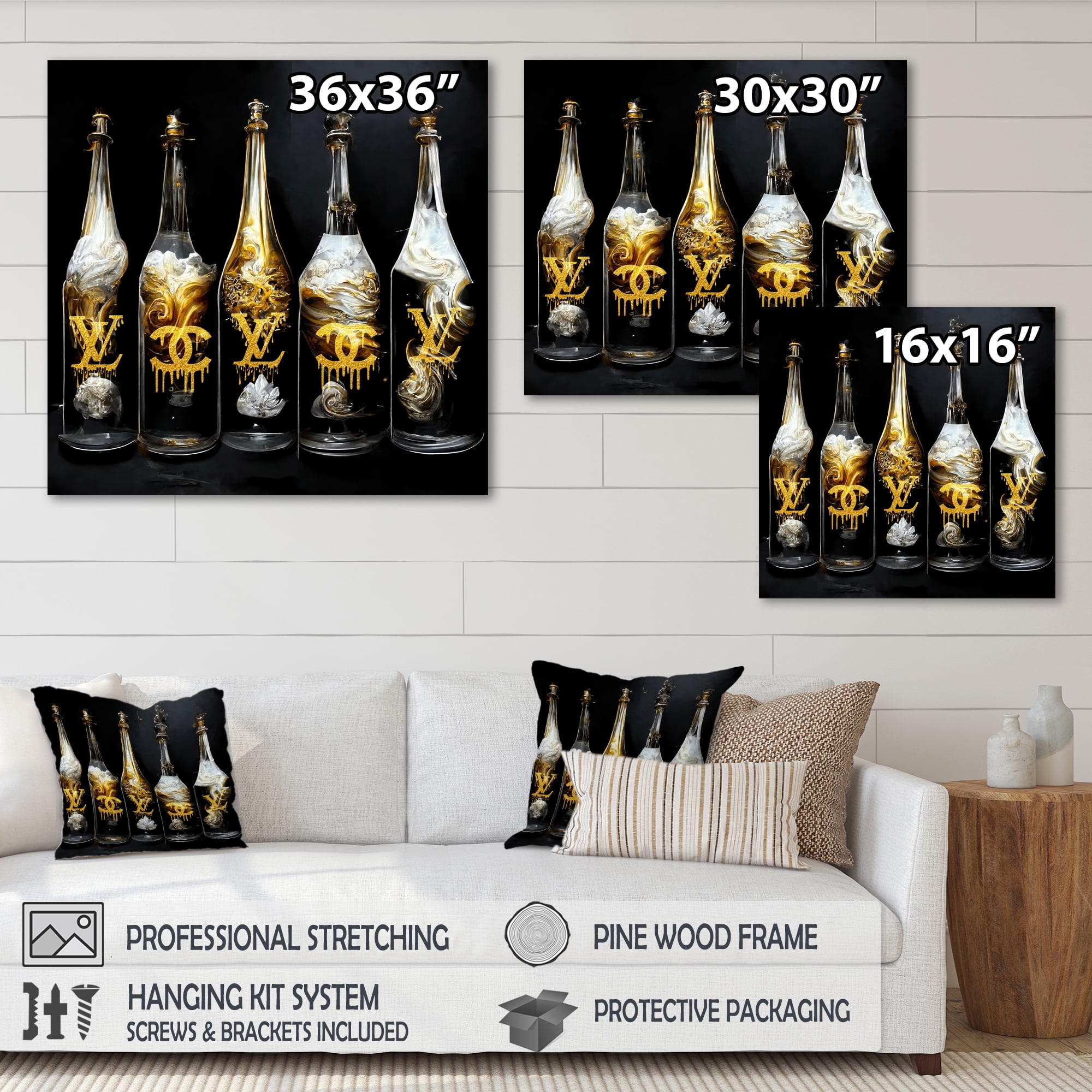 Designart Fashion Designer Champagne Bottles Canvas Wall Art
