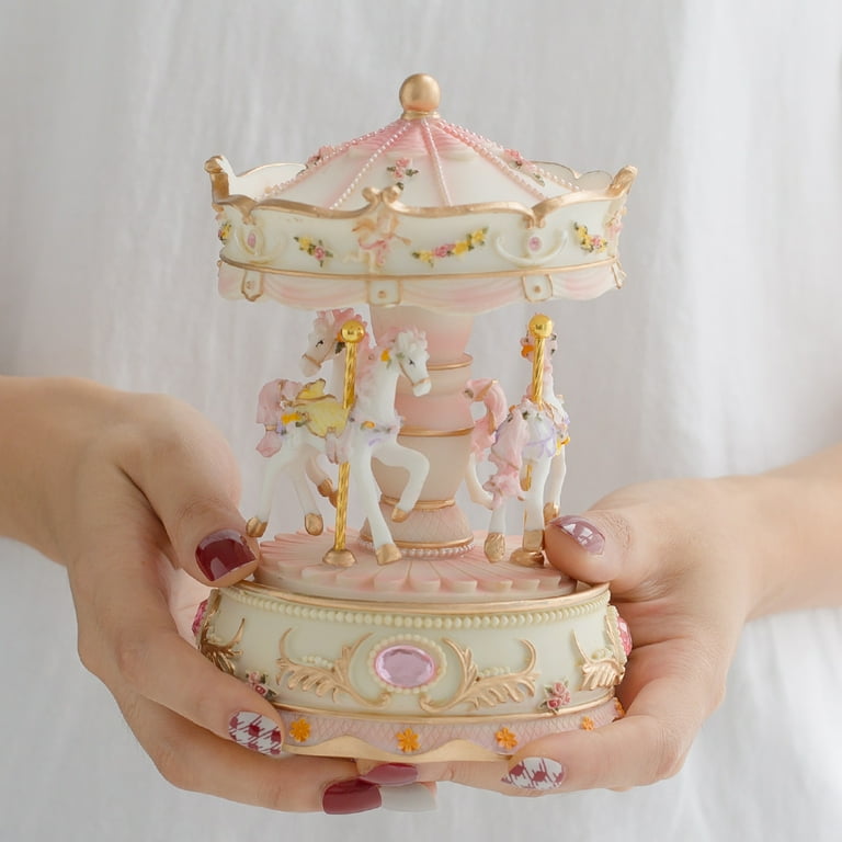 LOVE FOR YOU music box carousel unicorn, pink and white resin, LED