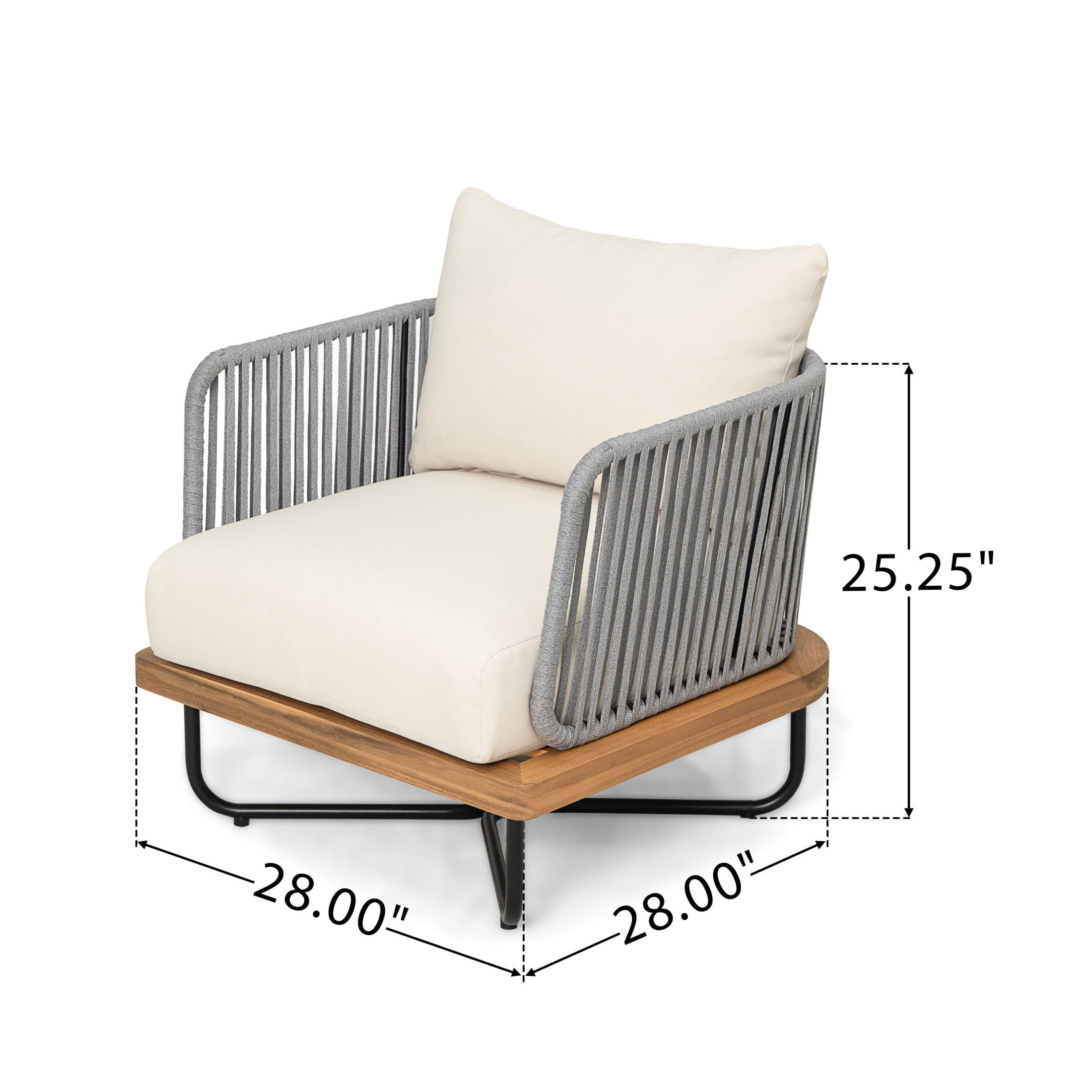 Cassants Upholstered Outdoor Patio Lounge Chair with Iron Base, Acacia Wood, Beige