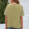 thumbnail image 3 of Camisa de manga corta para mujer, cuello redondo, manga corta de malla de encaje, Color puro, camisa holgada informal para mujer, Top para verano diario, verde L, 3 of 6