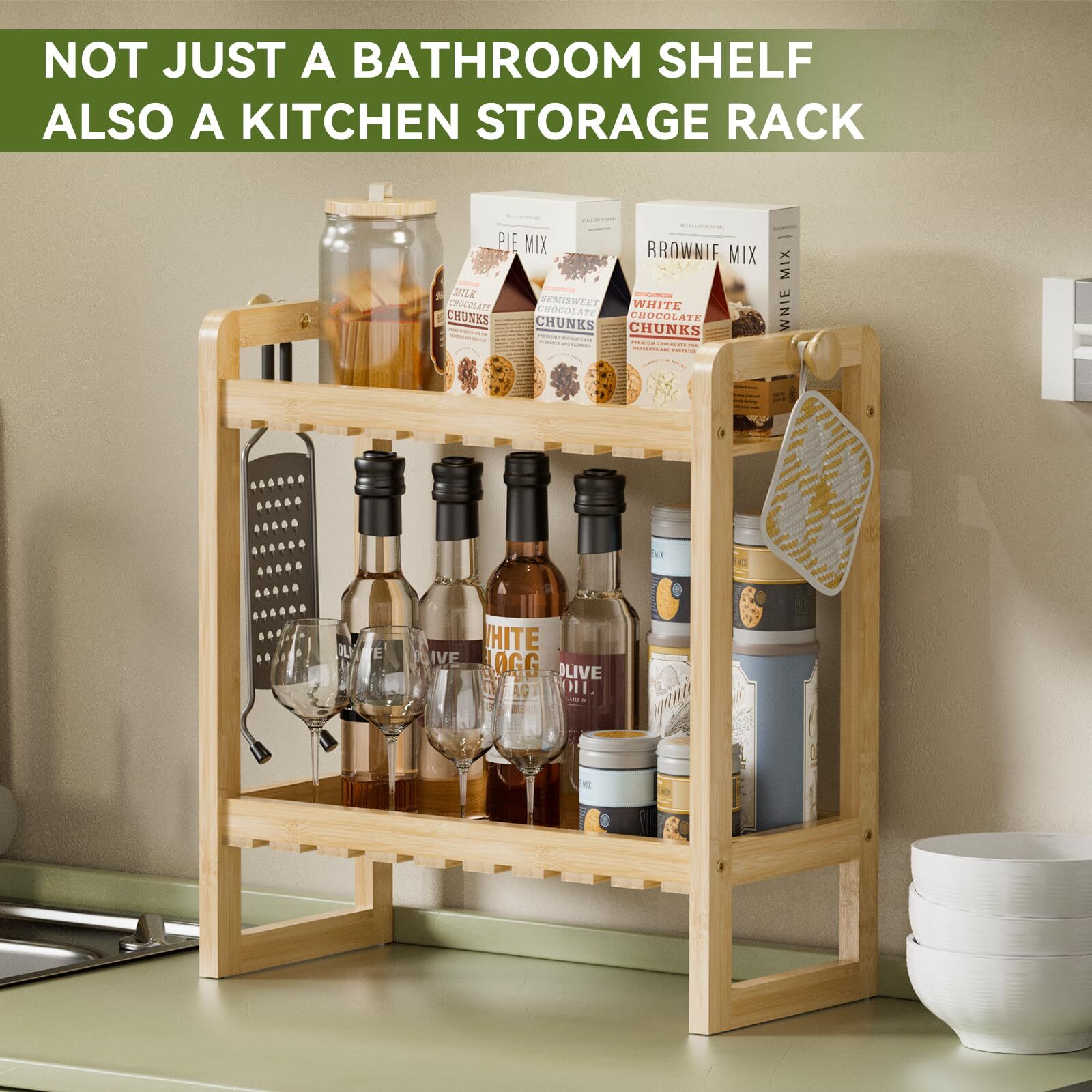 Bamboo Over the Toilet Storage Shelf - 2-Tier Bathroom Organizers, 2 in 1 Dual Stable Home Storage Rack for Small Bathroom, Space Saver