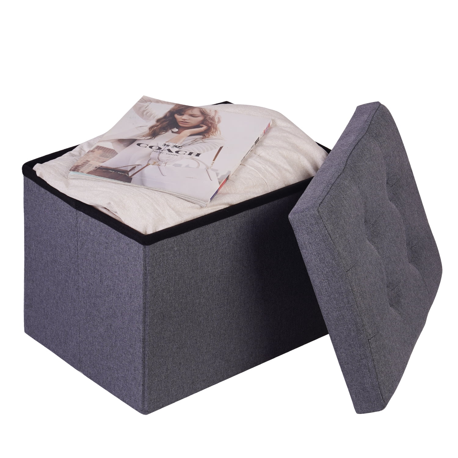 Storage Ottoman Cube - Ottoman as Stool, Foot Rest & Stepping Stool - Folding with Padded Seat Gray