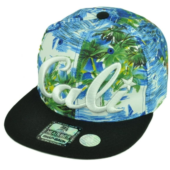 Cali California Hawaiian Floral Crown Black Flat Hat Cap Snapback Satin Ocean