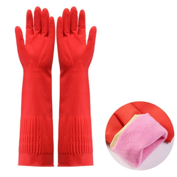 GOOHOCHY Dishwashing Gloves Long Red Plush 1 Pair