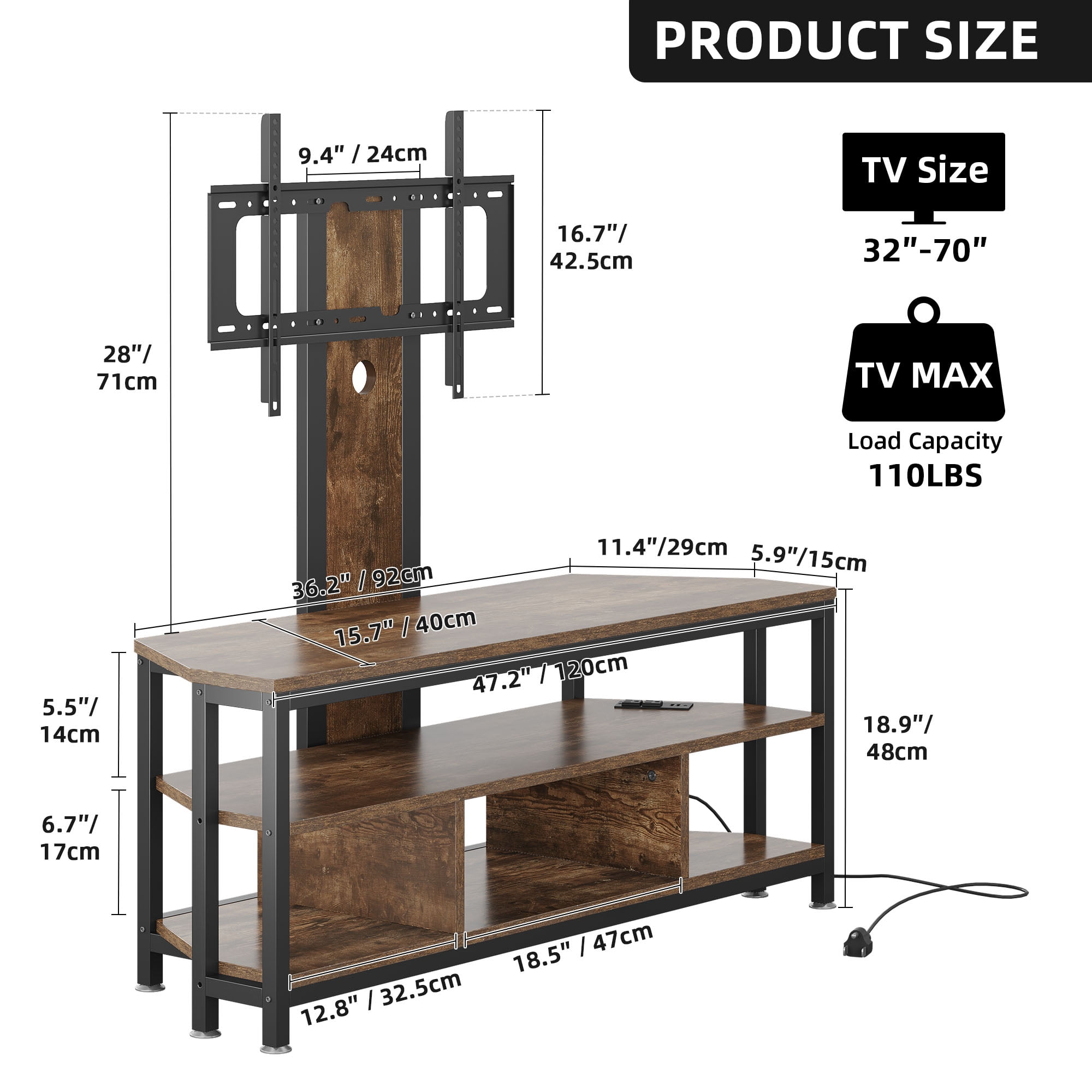 Uforic TV Stand Mount with Power Outlet, Swivel Entertainment Center with LED Lights for TVs up to 70 inches, Height Adjustable, Brown