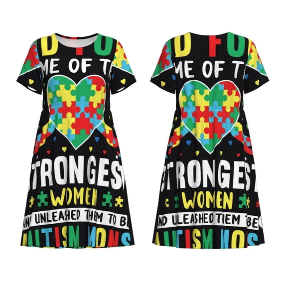 Horeoi I Love With Autism Print Women's Short Sleeve Dress Breathable Polyester-Spandex All-Over Print A-Line Side Pockets Elastic Waist