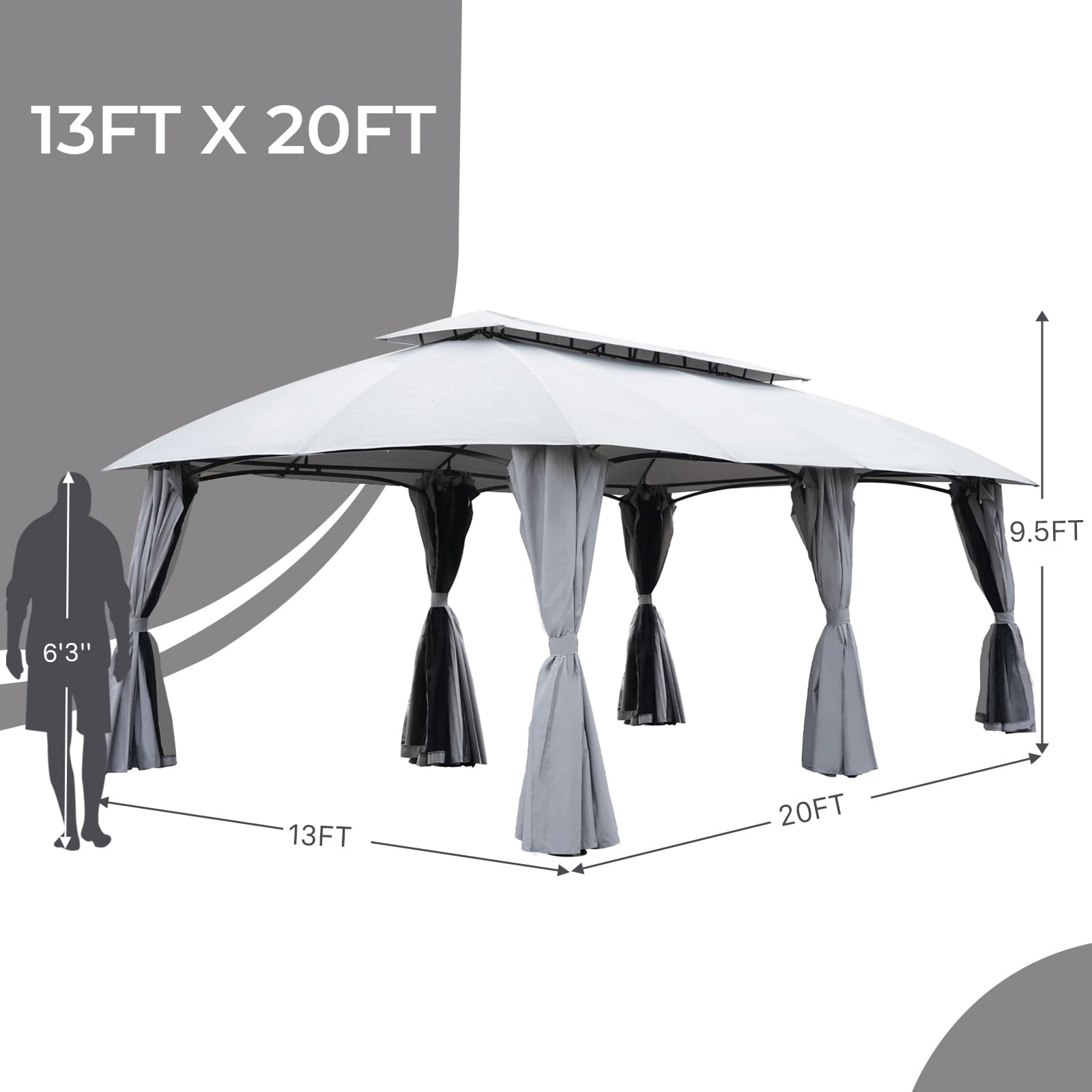 GRANDPATIO 10x13 Ft Gazebo Double Soft Top All-Weather Canopy Anti-UV Shelter with Privacy Curtains and Netting for Patio, Deck, Backyard, Garden, Lawns