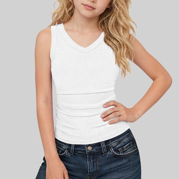 Tdoqot Girls Ribbed Tank Tops- V Neck Slim Fit Casual Summer Kids Sleeveless Shirts White Size 5-14