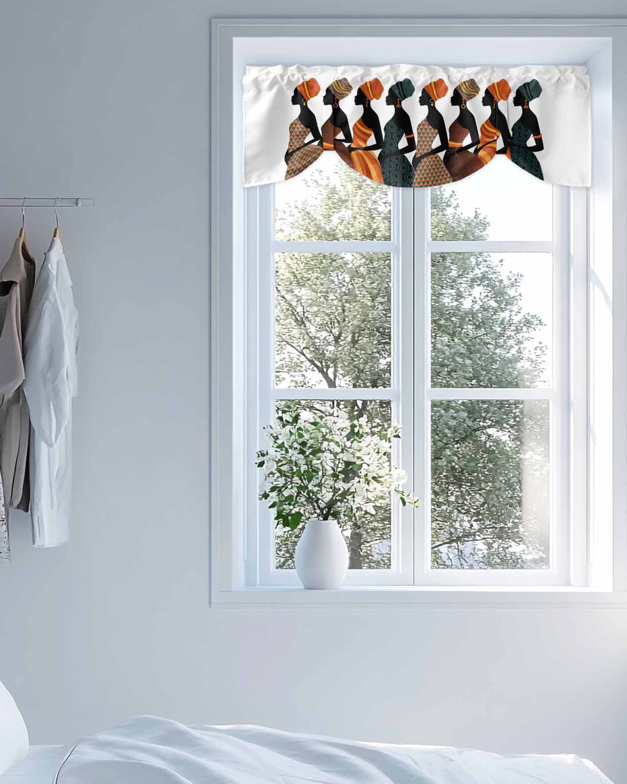 Black Girl African Tie Up Valances Curtain, Adjustable Kitchen Elegant Women Abstract Orange Geometric Tribal Valances for Windows Decor, Rod Pocket Short Curtains Set for Bedroom/Bathroom, 60"x18"