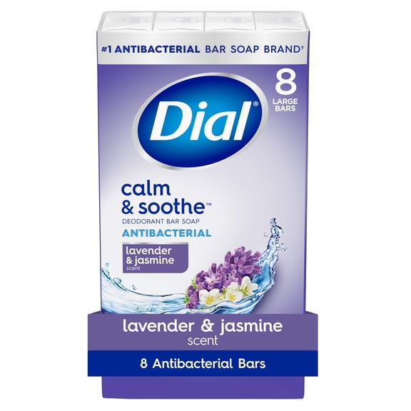 Dial Antibacterial Bar Soap, Calm & Soothe Lavender & Jasmine Deodorant Bar, 4oz (8 Bars)