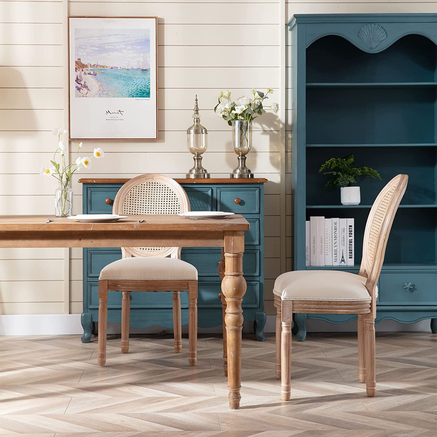 Sumdeal French Dining Chairs Set, Upholstered Vintage Farmhouse Chair,Mid Century Fabric Chair with Solid rubberwood Leg for Dining Room Bedroom Kitchen Restaurant