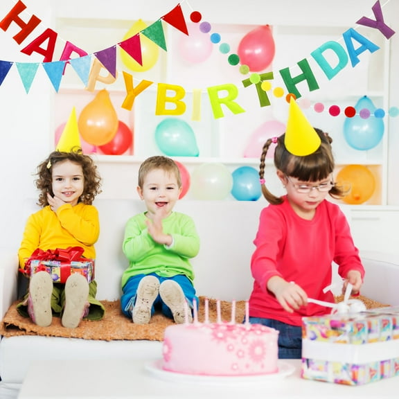 Sutowe Pre Strung Felt Cloth Happy Birthday Banner Set Tear Resistant Colorful Birthday Bunting Felt Ball Garland for Fireplace Mantel Wall Window