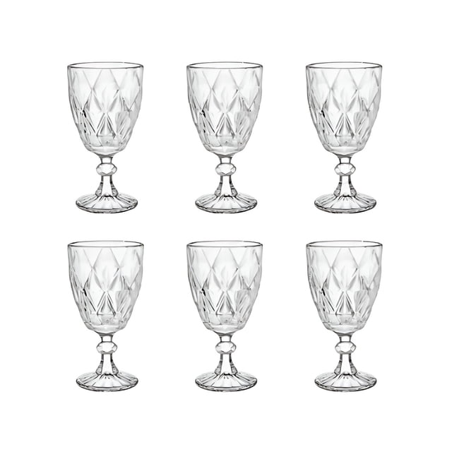 set xtellar 6 copas de cristal labrado copa vidrio colores color transparente; seis copas frontales sobre fondo blanco con cáliz tallado en patrón geométrico y tallo facetado, cada copa de 330 mL, para vino, agua, jugos y cócteles; también suelen usarse para mesas de celebración o cenas formales.