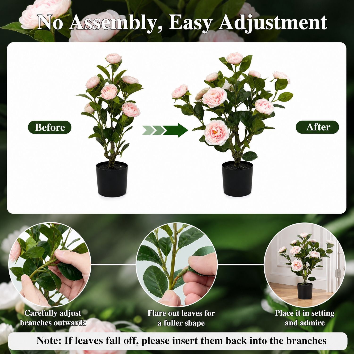 Easy4Home 1.6FT Artificial Flower Plant Fake Camellia Tree Potted Indoor, Pink