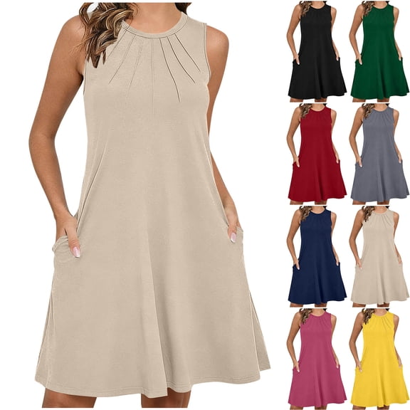 Dresses for Summer Ndbuld Women's Solid Color Sleeveless Maxi Dress With Side Pockets And Crew Neckline Green M