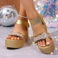 thumbnail image 2 of Rokment Women's Sparkly Sequin Platform Sandals for Dressy Comfortable Elastic Ankle Strap Slip on Wedge Chunky Heeled Walking Summer Shoes Bride Wedding Gold Size 6.5, 2 of 8