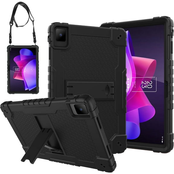 FIEWESEY Case for TCL NXTPAPER 11 Tablet, Shockproof Case with Stand for TCL NXTPAPER 11 inch 9166G/9466X 2023 Android 13 Tablet, Kids Friendly Rugged Armor Cover with Shoulder Strap (Black Black)