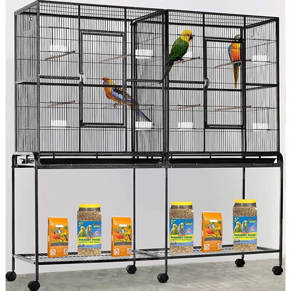 Deluxe X-LARGE Double Flight Bird House Breeding Breeder Cage With Center Divider Side Nest Box Doors Removable Rolling Stand Canary Parakeet Cockatiel Lovebird Finches