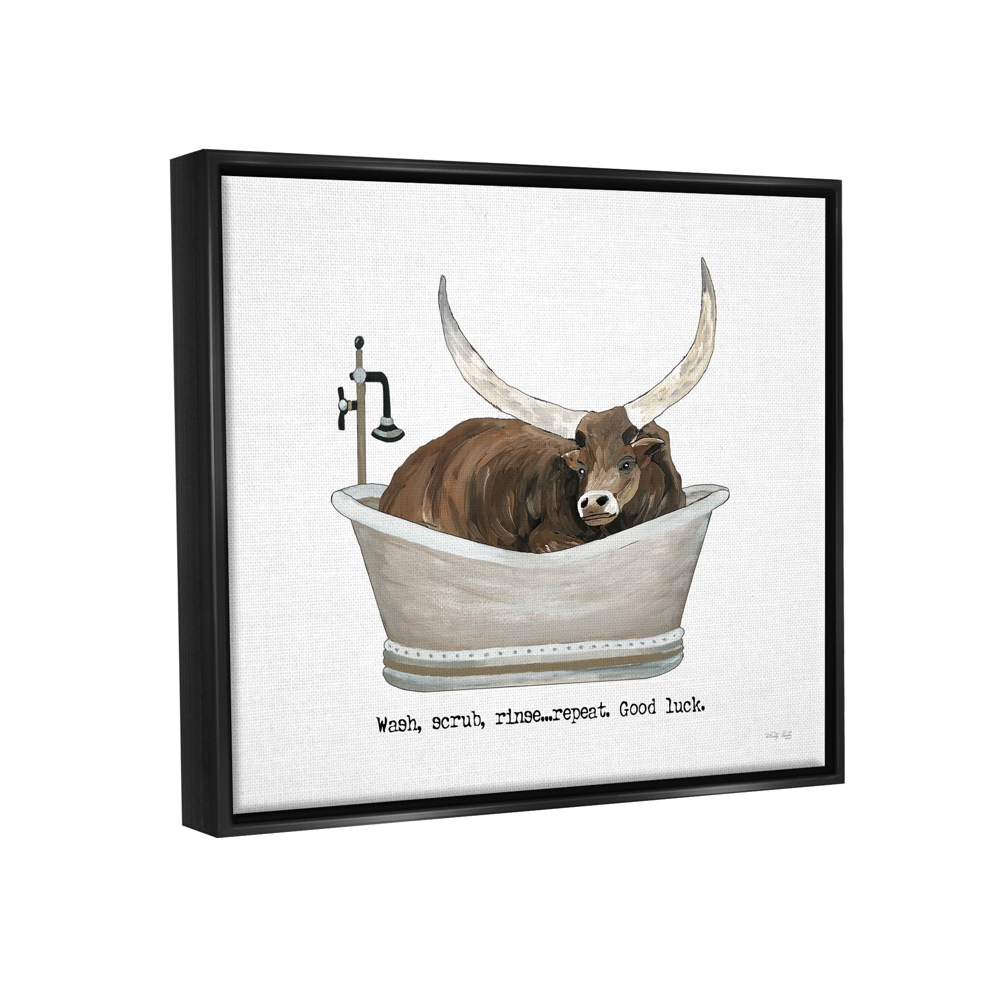Stupell Industries Longhorn Cattle Bathtub Country Bathroom Typography Graphic Art Jet Black Floating Framed Canvas Print Wall Art, Design by Cindy Jacobs